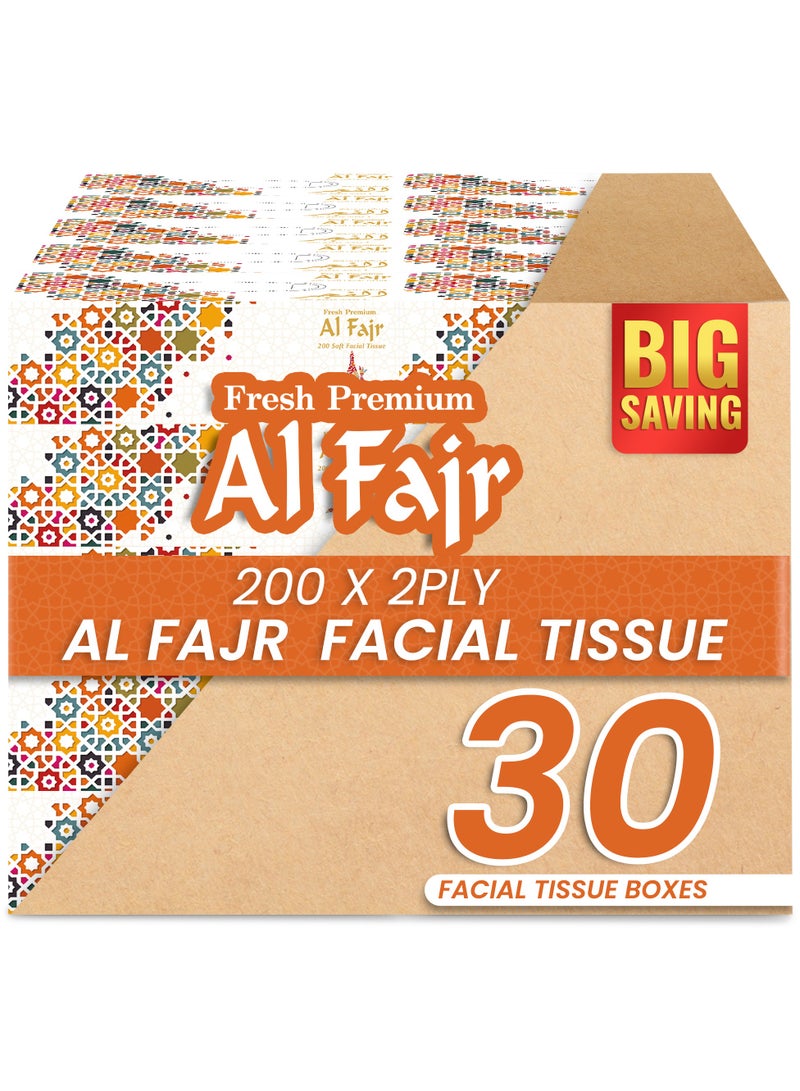 SNH Packing مناديل الوجه SNH Packing Al Fajr – 200 ورقة × 2-طبقة، مناديل بيضاء فائقة النعومة | جودة ممتازة للراحة والعناية اليومية – عبوة من 30 - Image 1
